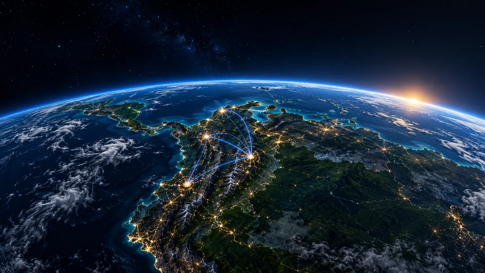 La Tierra vista desde el espacio con Colombia iluminada de noche